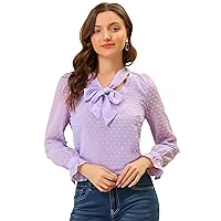 Allegra K Women's Office Work Shirt Bow Tie Neck Long Sleeve Swiss Dots Chiffon Blouse Top