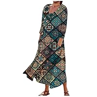 3/4 Sleeve Dresses for Women Summer Boho Beach Sundresses Flowy Long Dress Printed Casual Maxi Dresses with Pockets