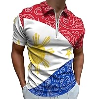 Paisley Philippines Flag Men's Polo Shirts Casual Short Sleeve Golf Polo Shirts Zippered Polo T Shirts Tops
