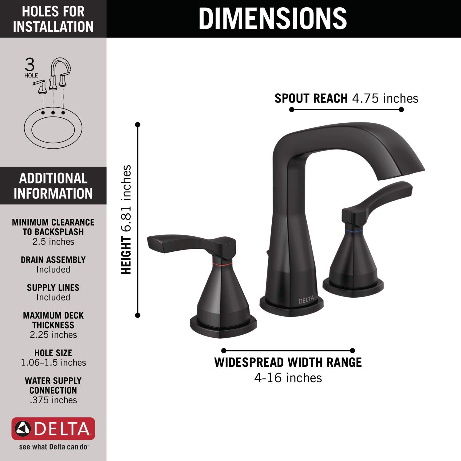 Delta Faucet Stryke Widespread Bathroom Faucet 3 Hole, Matte Black Bathroom Faucet, Diamond Seal Technology, Metal Drain Assembly, Matte Black 35776-BLMPU-DST