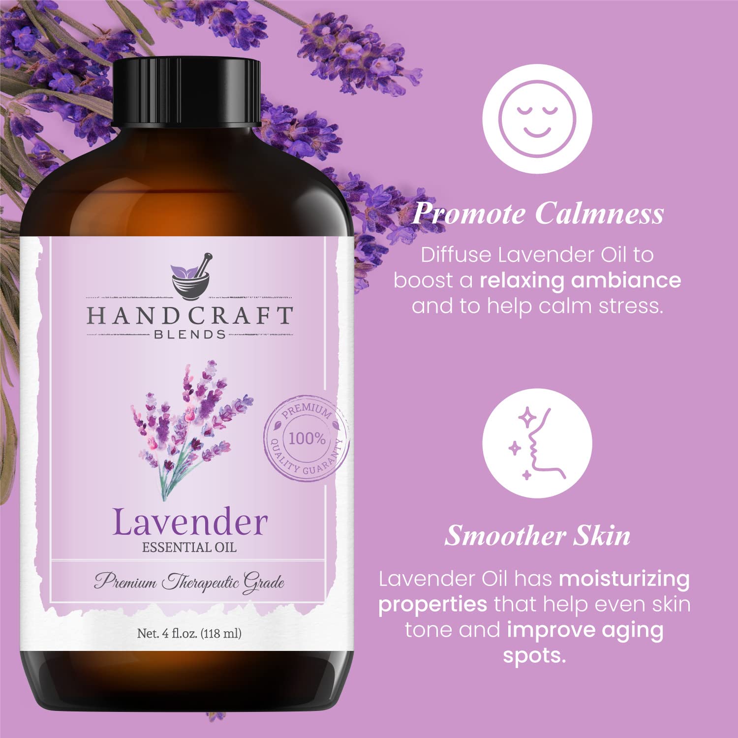 Handcraft Lavender Essential Oil - 100% Pure and Natural - Premium Therapeutic Grade with Premium Glass Dropper - Huge 4 fl. Oz