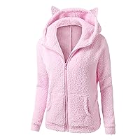 Womens Fuzzy Sherpa Fleece Zip Up Hoodies Kawaii Cat Ear Sweatshirt Sweater Lightweight Jackets Coats with Pocket Pink
