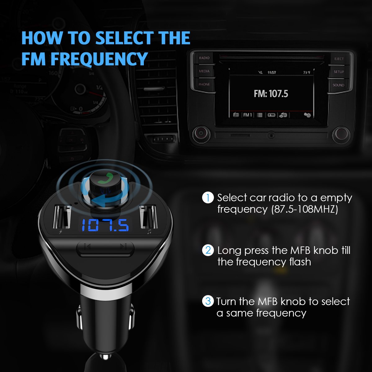 Criacr (Upgraded Version) Bluetooth FM Transmitter for Car, Wireless FM Radio Transmitter Adapter Car Kit, Dual USB Charging Ports, Hands Free Calling, U Disk, TF Card MP3 Music Player