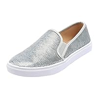 FEVERSOLE Women's Fashion Slip-On Sneaker Casual Flat Loafers Silver Sequin Size 6.5 M US