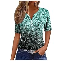 Womens Tops 2024 Henley Print Short Sleeve V Neck Comfy Loose Crop Tops for Women Plus Size Top Tees T Shirt