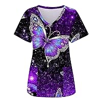 Nurse Scrubs Women Short Sleeve Butterfly Printed Workwear Breathable V-Neck Women T Shirts Graphic Funny with Pockets
