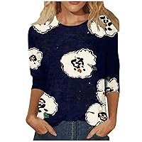 3/4 Sleeve Tops for Women Dressy Crewneck Cute Shirts Casual Print Trendy Blouses Three Quarter Length T Shirt 2024