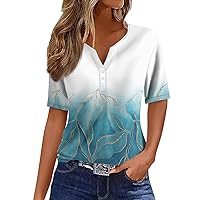 Womens Summer Tops 4Th of July Outfits for Women Trendy Short Sleeve Tshirts Shirts Ladies Button V Neck Blouses Clothes