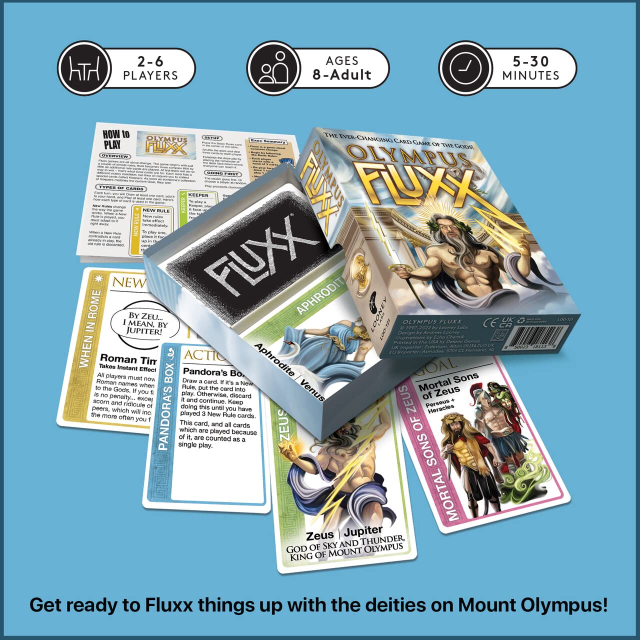 Looney Labs Olympus Fluxx – Card Games Adults and Kids - 2-6 Players – Card Games for Family – 5-30 Mins of Gameplay – Games for Family Game Night – Card Games for Kids & Adults Ages 8+ - English