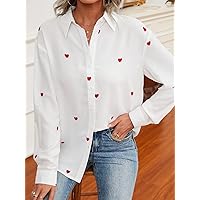 Women's Tops Women's Shirts Sexy Tops for Women Heart Print Drop Shoulder Blouse (Color : White, Size : Large)