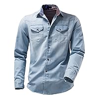 Men's Denim Shirt Long Sleeve Button Down Western Work Shirts Casual Cowboy Cut American Flag Lined Jean Shirts