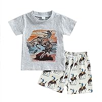 VISGOGO Toddler Boys Summer Outfits Western Cow Print Short Sleeve T-shirt Casual Elastic Shorts Set