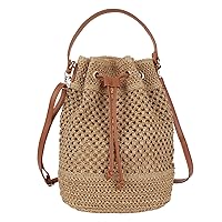 Straw Drawstring Bucket Bag Summer Crochet Tote Purse Pu Leather Strap Crossbody Shoulder Bag
