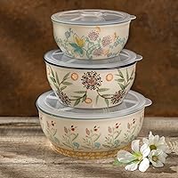 Euro Ceramica Ella 3 Piece Nesting Storage Bowls Set with Lids Assorted Multicolor Asian Floral Design, 82Fl oz