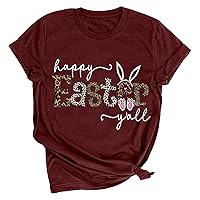Women Happy Easter T Shirt Leopard Bunny Rabbit Graphic T-Shirt Funny Letter Print Shirts Short Sleeve Pullover Tee Top