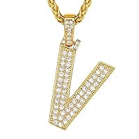 Bling Bling A-Z Letter Pendant Necklace, Cubic Zirconia CZ Pave Alphabet Initial Pendant with Stainless Steel Spiga Chain, Personalized Custom Rapper Hip Hop Jewelry for Men Boys