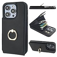 Folosu Compatible with iPhone 14 Pro Case Wallet with Card Holder, 360°Rotation Finger Ring Holder Kickstand, RFID Blocking Leather Protective Double Buttons Shockproof Cover 6.1 Inch Black
