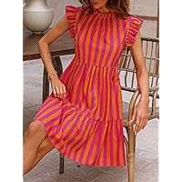 Women's Dress Striped Print Ruffle Trim Smock Dress Dress (Color : Pink, Size : Medium)