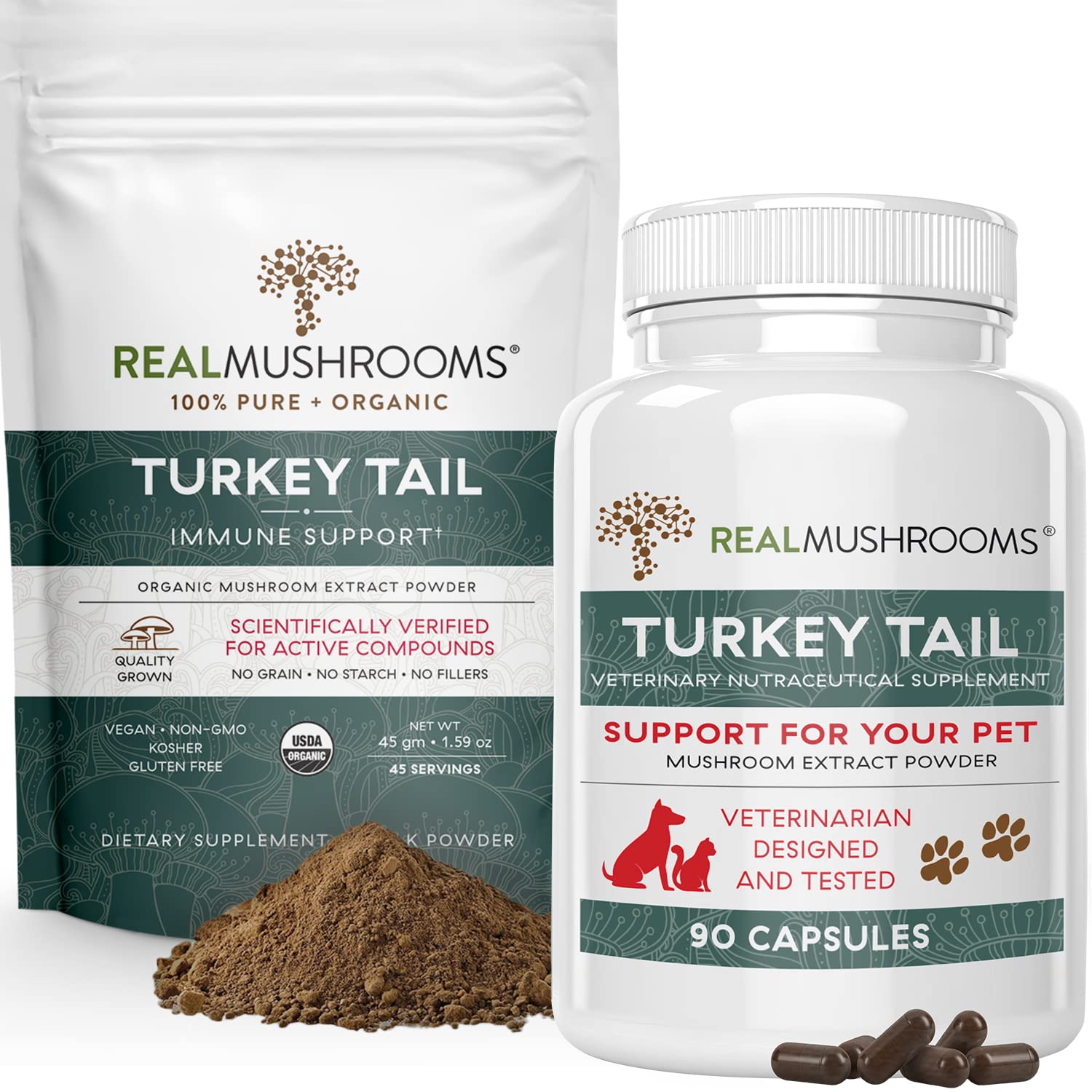 Real Mushrooms Turkey Tail Powder for Humans (45 Servings) & Turkey Tail for Pets (90ct) - Powder & Capsules Bundle for Immune Support - Vegan, Non-GMO, Grain-Free, Gluten-Free