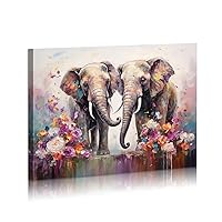 DEORAIO Elephant Couple in Love Boho Decor Flower Animal Canvas Wall Art Artwork for Bedroom Modern Home Decor Stretched and Framed Ready to Hang 12