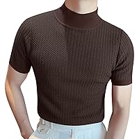 Male Spring and Summer Knitted High Neck Short Sleeve Solid Color Pleated Round Neck Casual T Shirt for