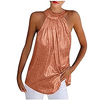 Womens Sexy Sparkly Sleeveless Draped Halter Tunic Shirts Summer Casual Loose Dressy Trendy Solid Color Tank Tops