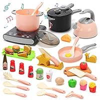 CUTE STONE Play Kitchen Accessories Set, Kids Cooking Toys Set with Play Pots and Pans, Electronic Induction Cooktop with Sound & Light, Cookware Utensils Kids Kitchen Set Kitchen Toys for Kids