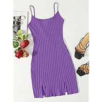 Dresses for Women Women's Dress Ribbed Cami -Slit Bodycon Mini Dress Dresses (Color : Violet Purple, Size : Large)