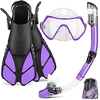 Mask Fin Snorkel Set, Travel Size Snorkeling Gear for Adults with Panoramic View Anti-Fog Mask, Trek Fins, Dry Top Snorkel and Gear Bag for Swimming Training, Snorkeling Kit Diving Packages