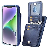 VANAVAGY iPhone 13/14 Wallet Case for Women and Men,Leather Magnetic Clasp Flip Folio Phone Cover with Credit Card Holder and Coin Pocket,Navy Blue