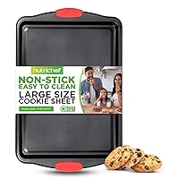 NutriChefKitchen 17” Non Stick Baking Pan Replacement Part, Large Gray Cookie Sheet with Red Silicone Handles, Commercial Grade Restaurant Quality Metal Bakeware, Compatible with Model NCSBS3S