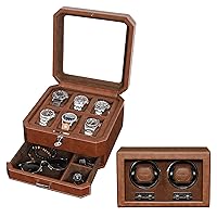 Gift Set 6 Slot Leather Watch Box with Valet Drawer & Matching Double Watch Winder - Luxury Watch Case Display Organizer, Locking Mens Jewelry Watches Holder, Men's Storage Boxes Glass Top Tan/Brown