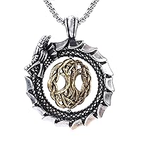 Mens Stainless Steel Viking Dragon Tree Of Life Pendant Necklace