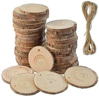 50 Pcs Natural Wood Slices Unfinished Predrilled Round Discs Hole Wooden Circles with 40 Feet Natural Jute Twine 2.4