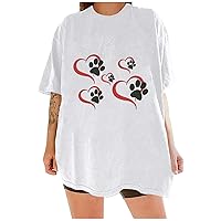 Womens Summer Short Sleeve T-Shirt Cute Animal Little Dog Paw Print Heart Graphic Shirts Casual Loose Crew Neck Tee Top
