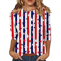 4Th of July Shirts American Flag Print Roundneck Seven Point Sleeve Cute Star Stripe Red White and Blue Shirt