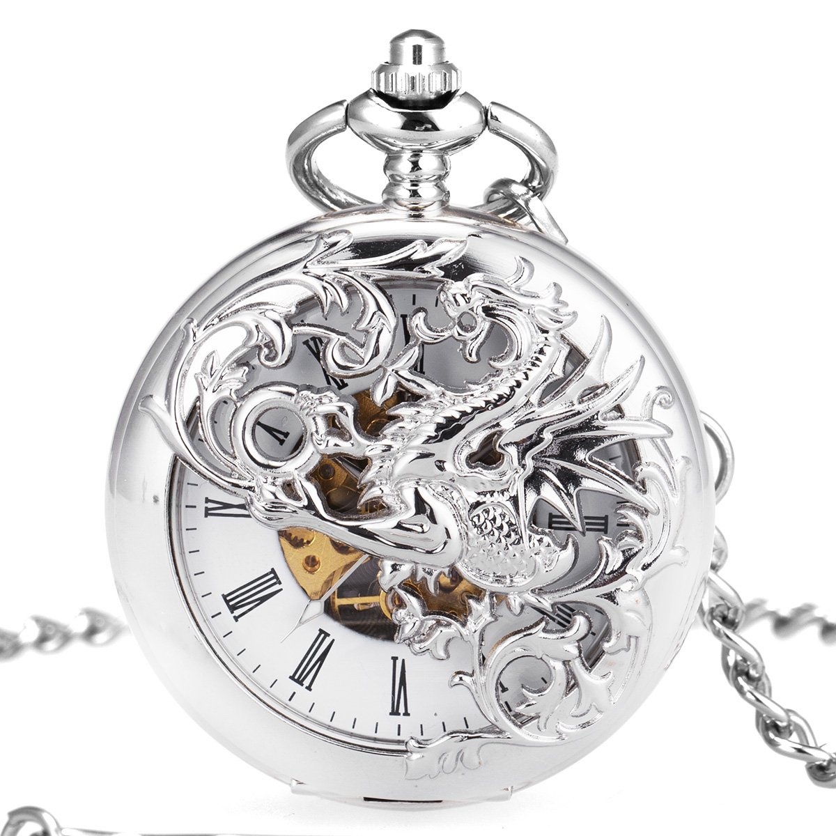 ManChDa Mens Antique Skeleton Mechanical Pocket Watch Dragon Hollow Hunter with Chain and Box