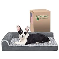 Orthopedic Dog Bed for Medium/Small Dogs w/ Removable Bolsters & Washable Cover, For Dogs Up to 35 lbs - Two-Tone Plush Faux Fur & Suede L Shaped Chaise - Stone Gray, Medium