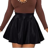 Trendy Short Mini Skirts for Women Wet Look Metallic Skirt Pleated Skater Skirt Leather Solid Ruffle Skater Skirt