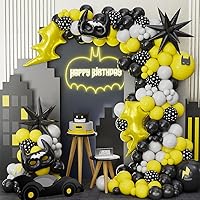 Yellow Black Grey Birthday Party Decorations 145Pcs Cartoon Bat Hero Balloon Garland Arch Kit with Lightning Explosion Star Foil Mylar Balloon for boys Kids Bat Theme Party Man Superhero Decortions