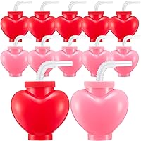 Amyhill 12 Pcs Valentine's Day Heart Shaped Cups with Lids and Straws 12 oz Plastic Heart Cups for Kids Party Favors, School Classroom Exchange Prizes Gift