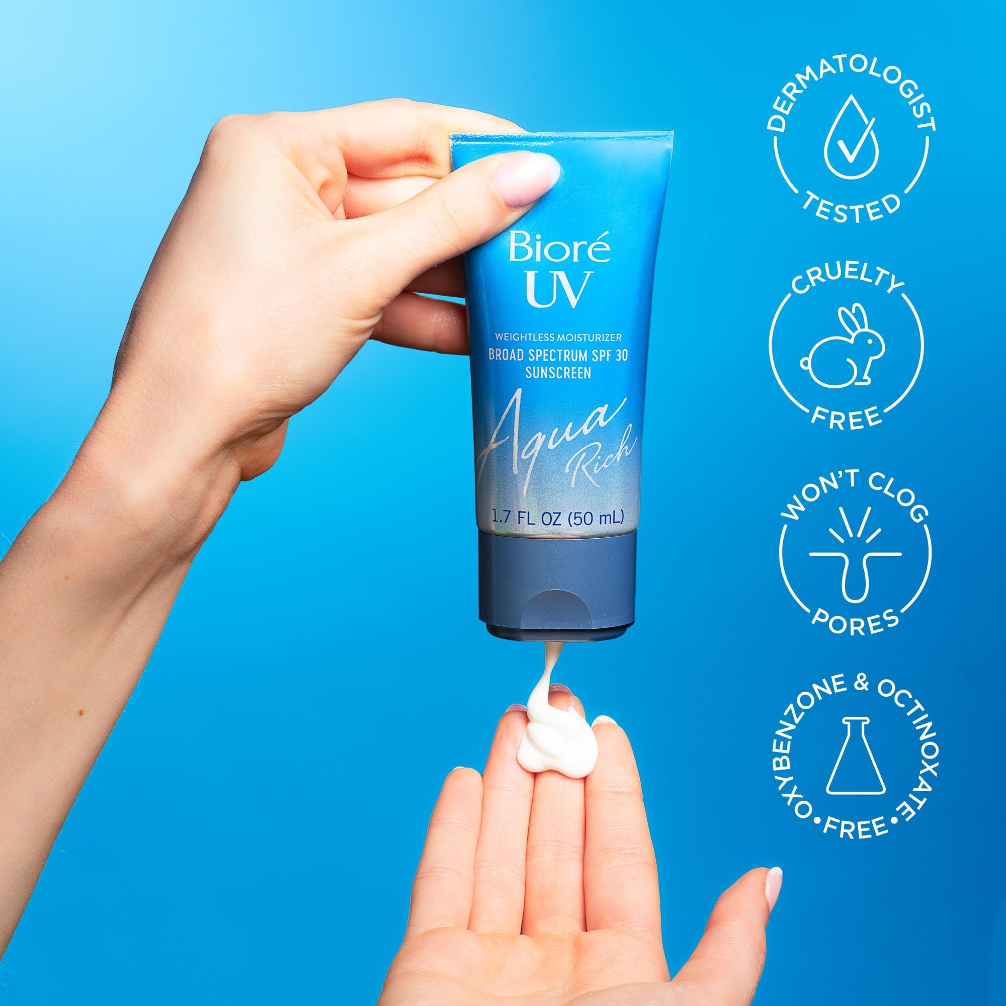 Biore UV Aqua Rich SPF 50 Moisturizing Sunscreen for Face, Oxybenzone & Octinoxate Free, Dermatologist Tested, Vegan, Cruelty Free, For Sensitive Skin, 1.7 Oz
