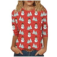 Women's Christmas Shirts Floral Print Three Quarter Sleeve Button Collar Top T-Shirt Bottom Casual, S-2XL