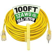 100 ft 12/3 Outdoor Extension Cord Waterproof Heavy Duty with Lighted Indicator End 12 Gauge 3 Prong, Flexible Cold-Resistant Long Power Cord Outside, 15Amp 1875W SJTW Yellow ETL Listed