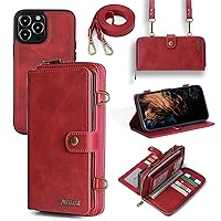 Wallet Case Compatible with iPhone 13/13 Pro/13 Pro Max/13 Mini, 3 in 1 Magnetic Zipper Leather Detachable Flip Cover Case, with Shoulder Strap, Card Slots, Stand Feature