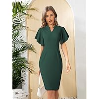 Dresses for Women Notch Neck Butterfly Sleeve Dress (Color : Dark Green, Size : Large)
