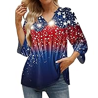 Womens Dressy Tops and Blouses,3/4 Length Sleeve 4Th of July Tops for Women American Flag Shirt Patriotic Tee Tunic