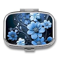 Pill Box Portable Pill Case for Pocket Blue Flowers Travel Small Pill Organizer 2 Compartment Metal Pill Container Holder for Medicine Vitamins Fish Oil Supplements
