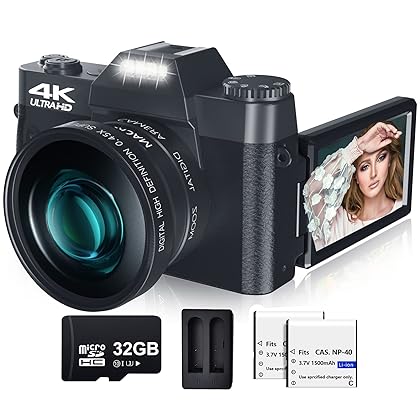 VJIANGER Digital Camera for Photography and Video 4K 48MP Vlogging Camera for YouTube with 180° Flip Screen,16X Digital Zoom,52mm Wide Angle & Macro Lens, 32GB TF Card, 2 Batteries (W01-Black)