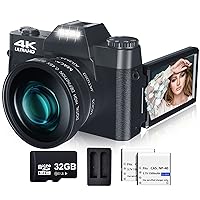 Digital Camera for Photography and Video VJIANGER 4K 48MP Vlogging Camera for YouTube with 180° Flip Screen,16X Digital Zoom,52mm Wide Angle & Macro Lens, 32GB TF Card, 2 Batteries (W01-Black)
